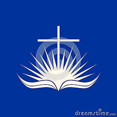 Church logo. An open bible, the cross of Jesus Christ and the radiance of God`s glory Vector Illustration