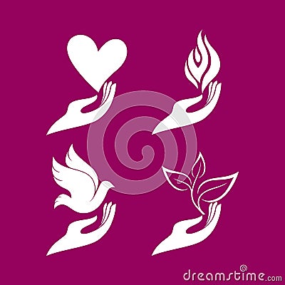 Church logo. Set - hands with a heart and a dove, flame and sprout Vector Illustration