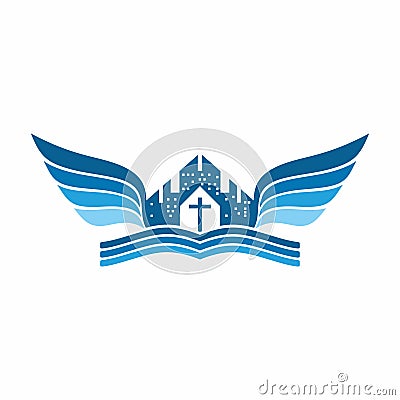 Church logo. The unity of the Church in Christ, city and angel`s wings Vector Illustration