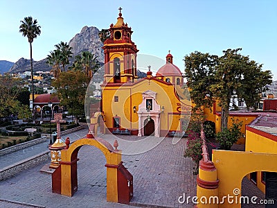 Church in the magical town Bernal where the third largest monolith in the world is located. In Ezequiel Montes, Queretaro, Mexico Stock Photo