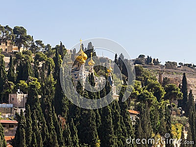 Church of Mary Magdalene. 19th-century, Russian Orthodox church with golden cupolas and murals by Sergei Ivanov. Jerusalem, Israel Editorial Stock Photo