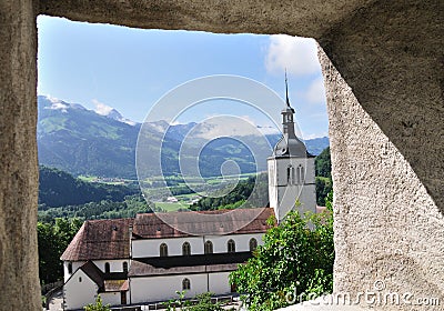 Church near Gruyere castle, Switzerland Stock Photo