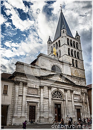 Church Notre Dame de Liesse and the modern art installation, above the ancient well. Annecy, France Editorial Stock Photo