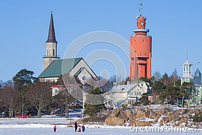 Church and old water tower, winter. Hanko, Finland Stock Photo