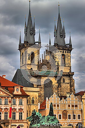 Church of Our Lady in front of Tyn and Jan Hus Statue in Prague Stock Photo