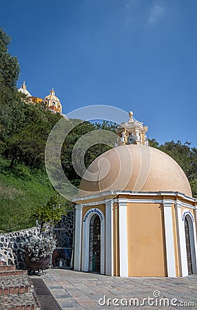 Church of Our Lady of Remedies at the top of Cholula pyramid and Well of Wishes - Cholula, Puebla, Mexico Stock Photo