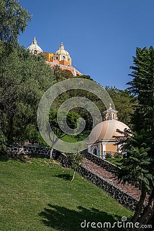 Church of Our Lady of Remedies at the top of Cholula pyramid and Well of Wishes - Cholula, Puebla, Mexico Stock Photo