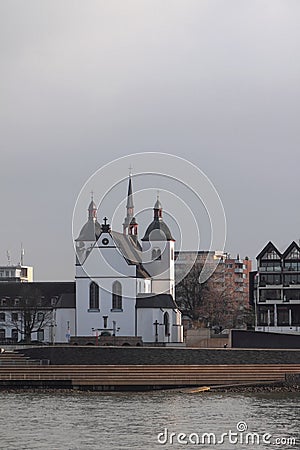 Church on Rein River Embankment. Cologne, Germany Stock Photo