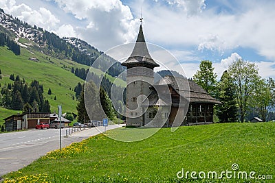 Church in the resort of Les Mosses, Vaud, Switzerland Stock Photo