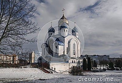 The Church of the Resurrection of Christ is an Orthodox church in the Zeleny Lug microdistrict of Minsk. Stock Photo