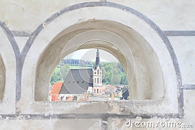Church and roofs in Cesky Krumlov Stock Photo