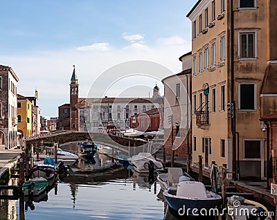 Chioggia - Church of Saint James Apostle with view of canal Vena nestled in charming town of Chioggia Stock Photo