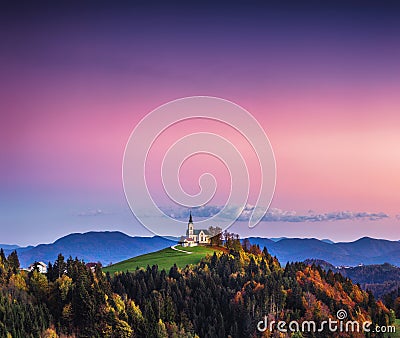 Church of Saint Leonard stands on the Church Hill near the Crni Vrh village Stock Photo