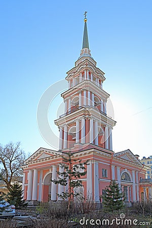 The Church of saints Cyril and Methodius and the bell tower of the Holy cross Cossack Cathedral on Ligovsky Avenue in St. Editorial Stock Photo