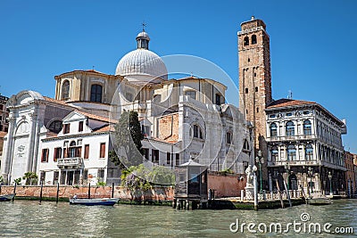 Church of San Geremia with Bell tower and Statue of San Giovanni Nepomuceno in Venice, Italy Stock Photo