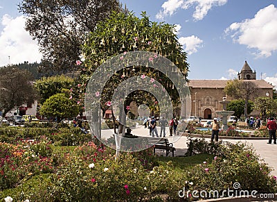 church san pedro andahuaylas catholic religion with a bell tower and baroque architecture in and historical fountain respective Editorial Stock Photo