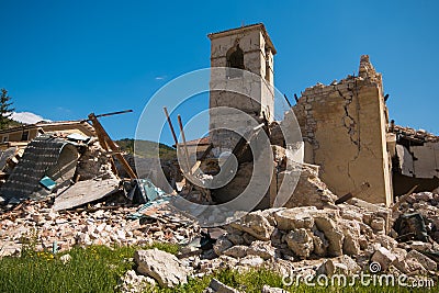 Church of Sant`Antonio Abate collapsed in the historic center of Visso Stock Photo