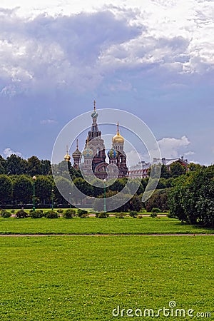 Church Savior on Blood and park in St-Petersburg, Russia. Stock Photo