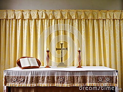 Church: simple modern altar with candles Stock Photo