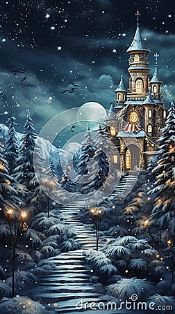 A Snowy Night at the Fairy Haunted Church House Stock Photo
