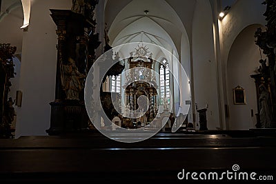 Beroun, Czech Republic - May 8, 2022 - The Church of St. James in Beroun, is a Baroque building on Gothic foundations. Editorial Stock Photo