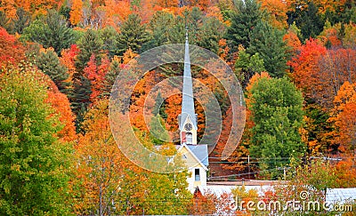 Church steeple between autumn trees Stock Photo