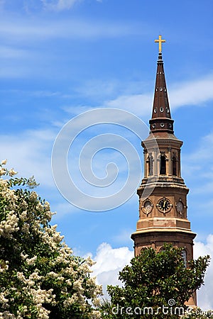 Church steeple and flowers Stock Photo
