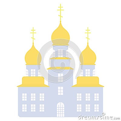Church. Temple with golden domes decorated with crosses. Purple building. Color vector illustration. Isolated background. Vector Illustration