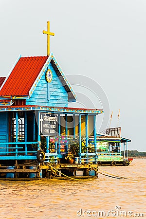 Church in Tonle Sap floating village, Unesco, Siem Reap, Cambodia Editorial Stock Photo