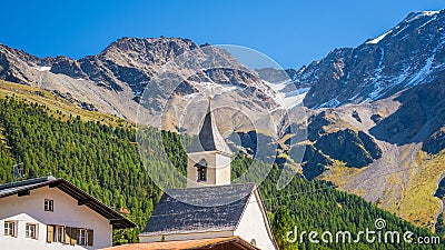 The church tower of Sulden Vinschgau Valley, South Tyrol, Italy Stock Photo