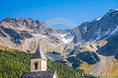 The church tower of Sulden Vinschgau Valley, South Tyrol, Italy Stock Photo