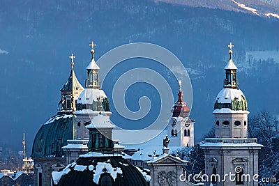 Church towers of the Salzburger Dom in winter, Salzburg, Austria Stock Photo