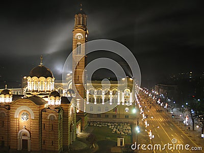 Church, town hall, main city street Stock Photo