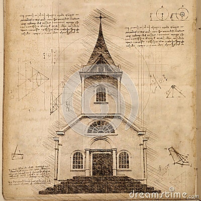 Church in Vintage Steampunk Da Vinci Drawing Style Stock Photo
