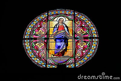 Church window of mountain village of Saint-VÃ©ran, France Stock Photo