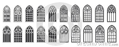 Church windows set. Silhouettes of gothic arches in line and glyph classic style. Old cathedral glass frames. Medieval Vector Illustration