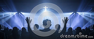 Church worship concept: Christian worship with raised hand at the at the cross background Stock Photo