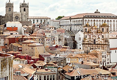 Churches andold streets of city Porto with tile roofs. Portugal with cityscape Stock Photo