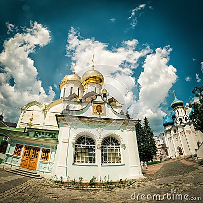Churches in monastery of Trinity Sergius Lavra in Sergiyev Posad, Russia Stock Photo