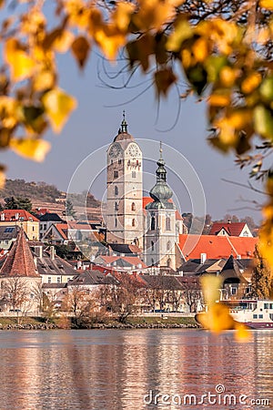 Churchs towers in Krems town with Danube river during autumn in Wachau valley, Austria Stock Photo