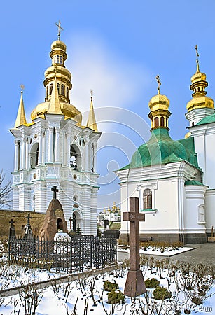 Churchyard at Kiev Pechersk Lavra in snow Stock Photo