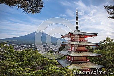 Chureito Pagoda with Mount Fuji Editorial Stock Photo