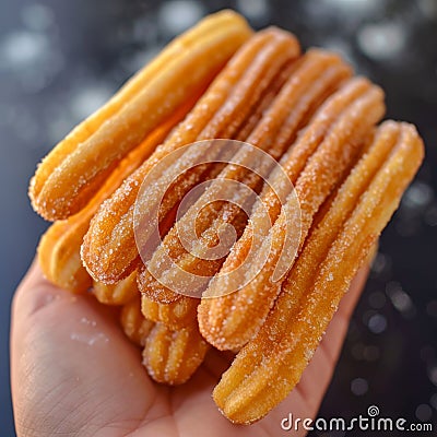 Churro Sticks in Hand, Churros Pastry, Fried Spanish Dessert, Churro Sticks Closeup, Copy Space Stock Photo