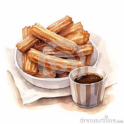 Churros Watercolor Painting: Traditional Vietnamese Style With Sauce And Cup Cartoon Illustration