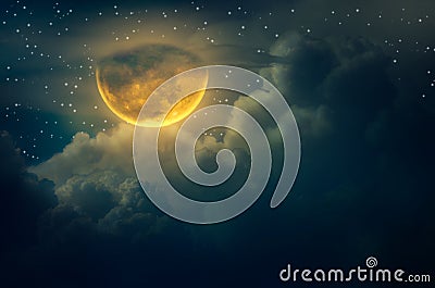 Chuseok moon Cloud Big moon floating in the sky with many stars surrounded Halloween Stock Photo