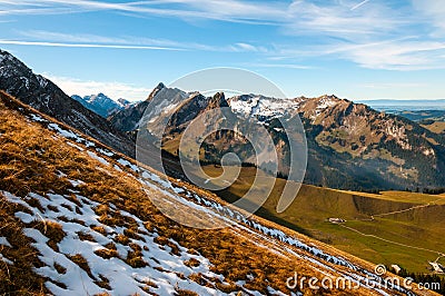 ChÃ¶rblispitz Peak, Les Reccardets Peak and the valley of the Jaunbach, in the Canton of Fribourg, Swiss Prealps Stock Photo