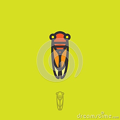 Cicada flat logo. Cicada icon. Linear logo. Yellow-orange small cicada on a green-yellow background. Vector Illustration