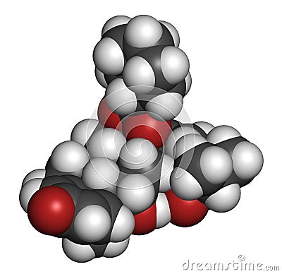 Ciclesonide glucocorticoid drug molecule. 3D rendering. Atoms are represented as spheres with conventional color coding: hydrogen Stock Photo