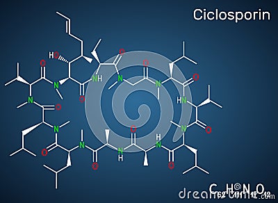 Ciclosporin, cyclosporine, cyclosporin molecule. It has immunomodulatory properties, prevent organ transplant rejection, treat Vector Illustration