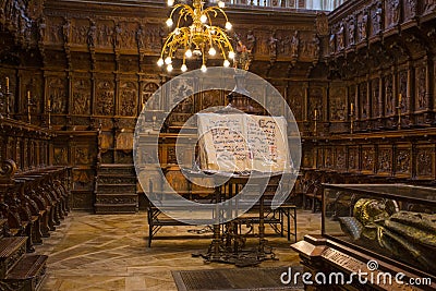 Cid Campeador`s grave in Burgos cathedral of Virgin Mary, Spain. Burgos Cathedral is inserted among the World Heritage Sites by UN Editorial Stock Photo